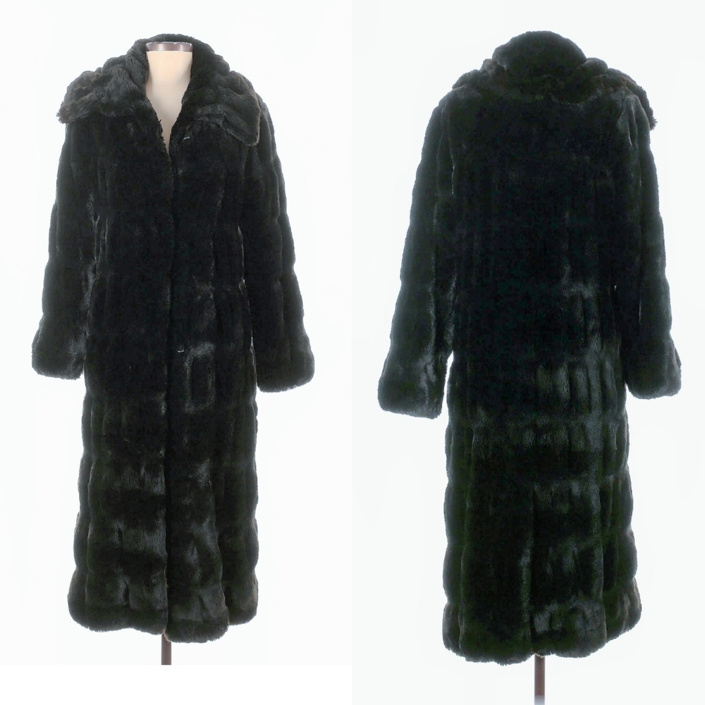 Fabulous Furs Luxe Black Long Faux-Fur Hooded Trench Coat - Picture 3 of 9